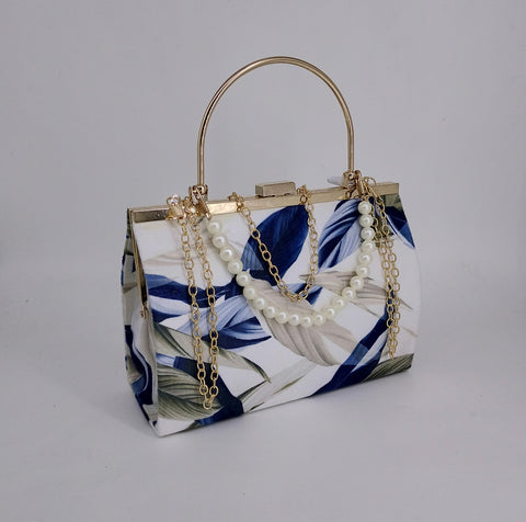 Hazel Chain Crossbody Bag Blue Leaf Texture