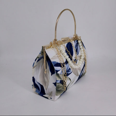 Hazel Chain Crossbody Bag Blue Leaf Texture